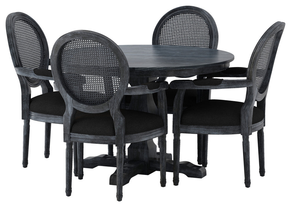 Bryan French Country Upholstered Wood and Cane 5-Piece Circular Dining Set, Gray/Black