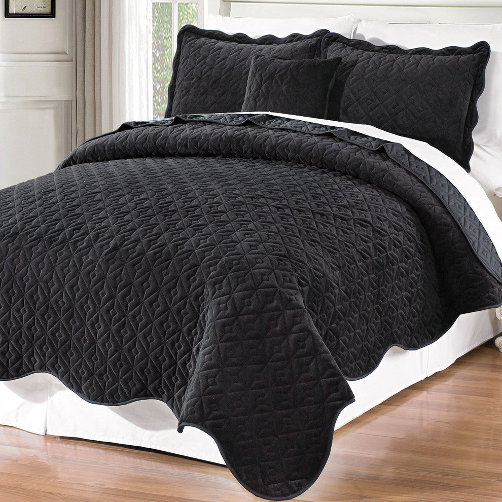 Diamond Square Quilted Coverlet 4-Piece Bedspread Set, Jet Black, King