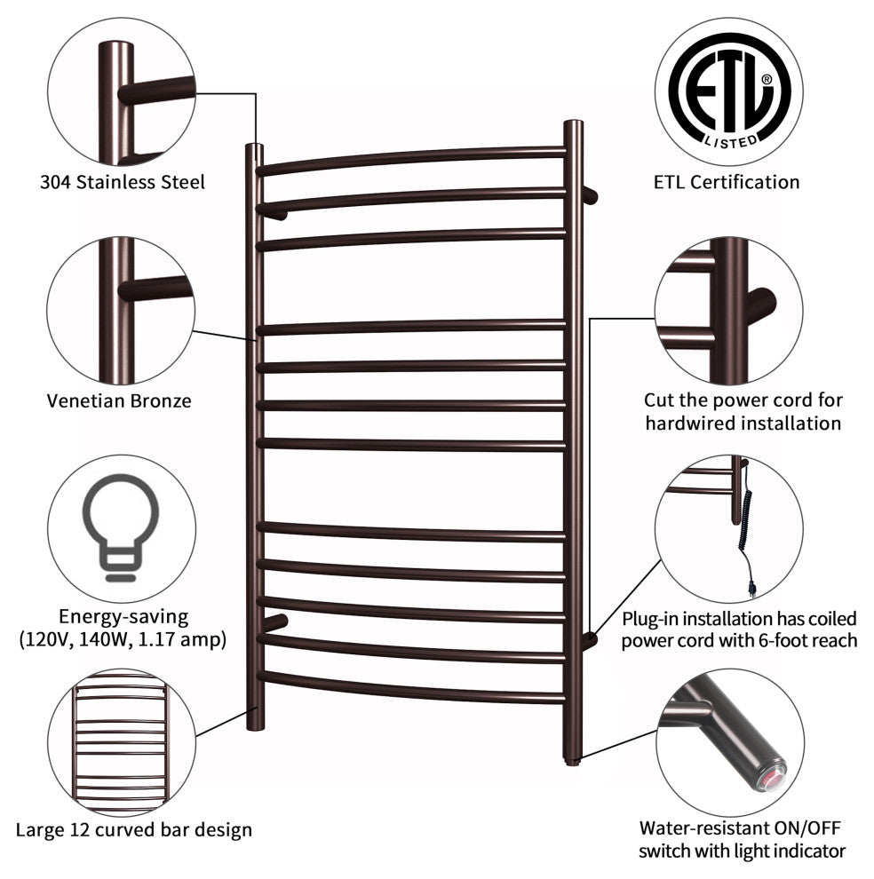 Heatgene 12 Bar Hardwired/Plug-in Towel Warmer, Venetian Bronze