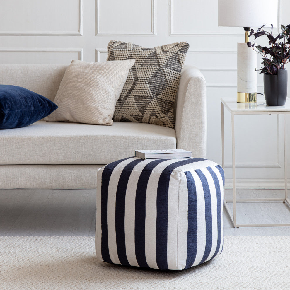 Cape May Blue 18" x 18" x 18" Navy and Ivory Pouf