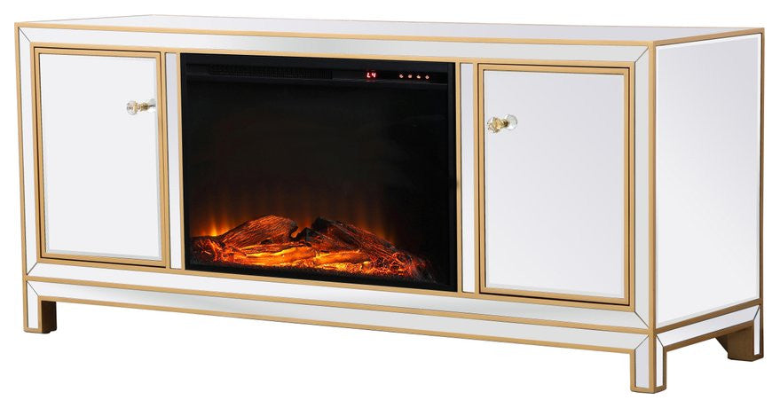 Rosie 60" Mirrored TV Stand With Wood Fireplace, Gold