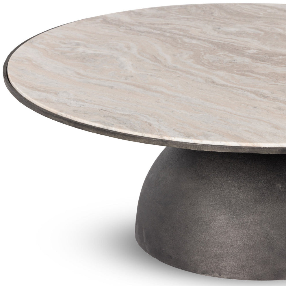 Corbett Large Coffee Table Creamy Taupe Marble, Hammered Grey