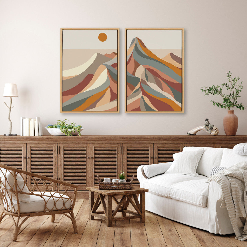 Sylvie Mid Century Mountains Framed Canvas by Rachel Lee, Natural 2 Piece 23x33