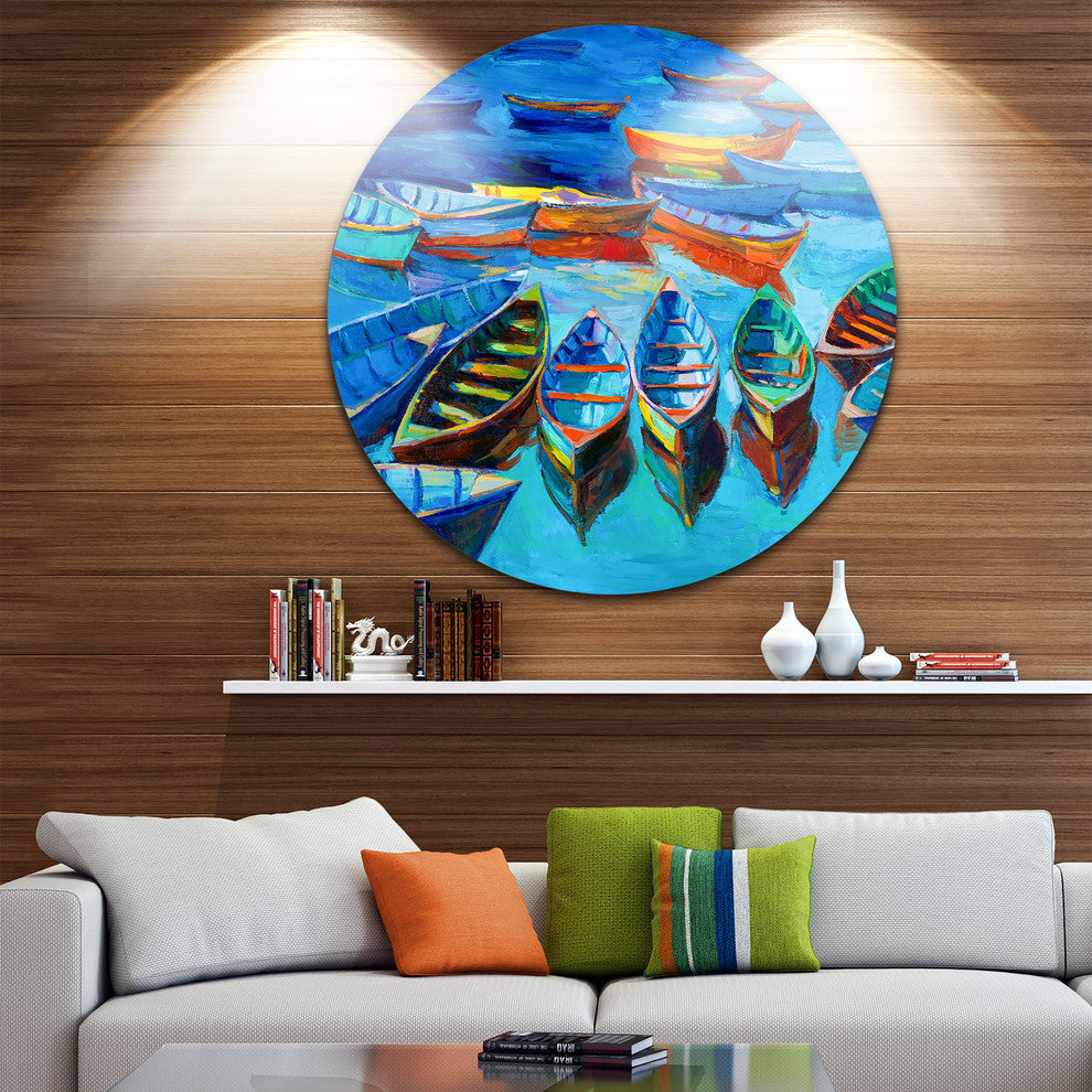 Boats In Blue Sea, Seascape Painting Round Metal Wall Art, 23"
