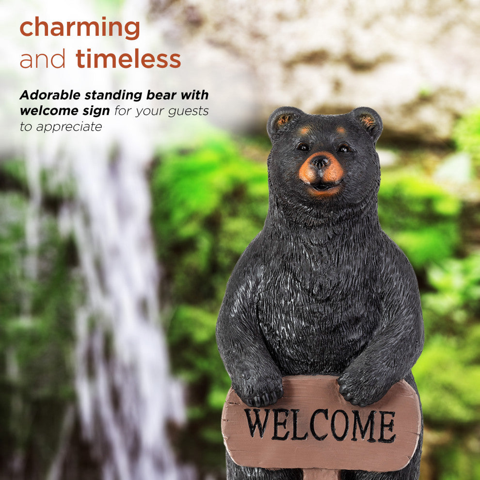 36" Tall Outdoor Standing Black Bear with Welcome Sign Yard Statue Decoration
