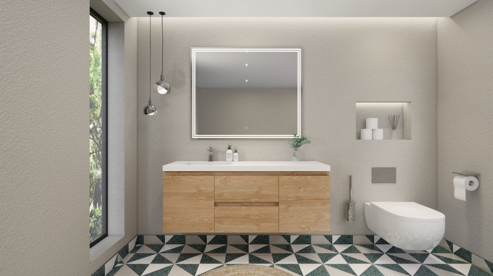 Belli 60" Left Single Sink Wall Mount Vanity, New England Oak, Glossy White Top