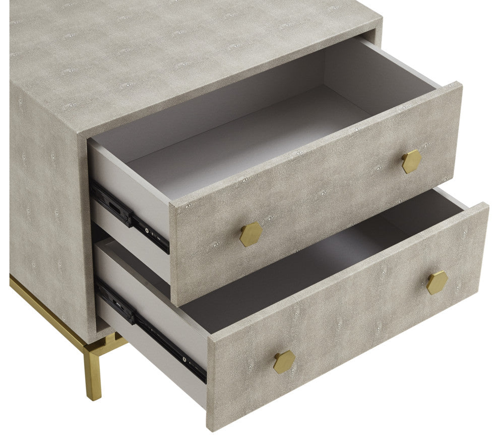 Nicole Miller Aharon Side Table, 2 Drawers, Faux Shagreen, Cream White/Gold