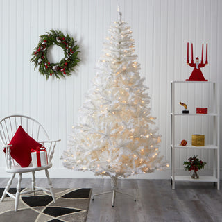 8' White Faux Christmas Tree With 1500 Bendable Branches and 450 LED Lights