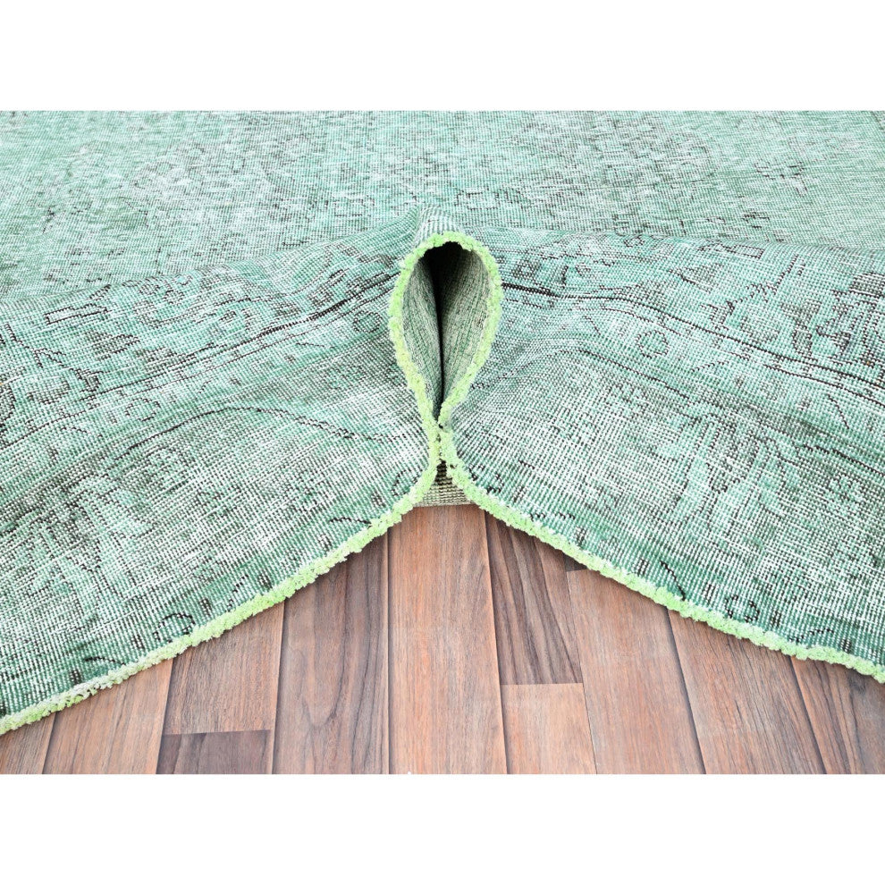 Celadon Green, Worn Wool, Hand Knotted, Vintage Persian Tabriz Rug, 6'2"x9'3"