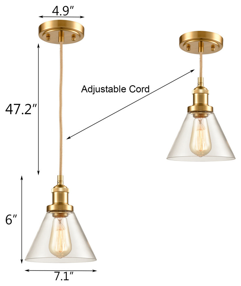 Industrial Mini Glass Pendant Lights Brass Finish Cone Shape