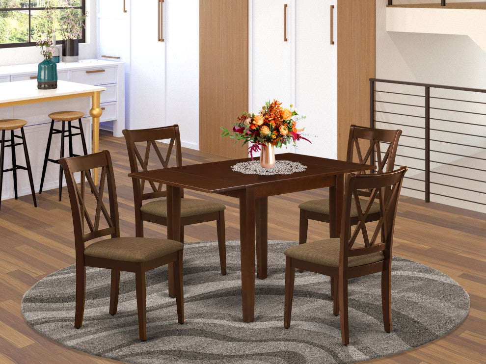 Dining Set For 5- 4 Wood Chairs, An Eye-Catching Table, Mahogany Color Linen