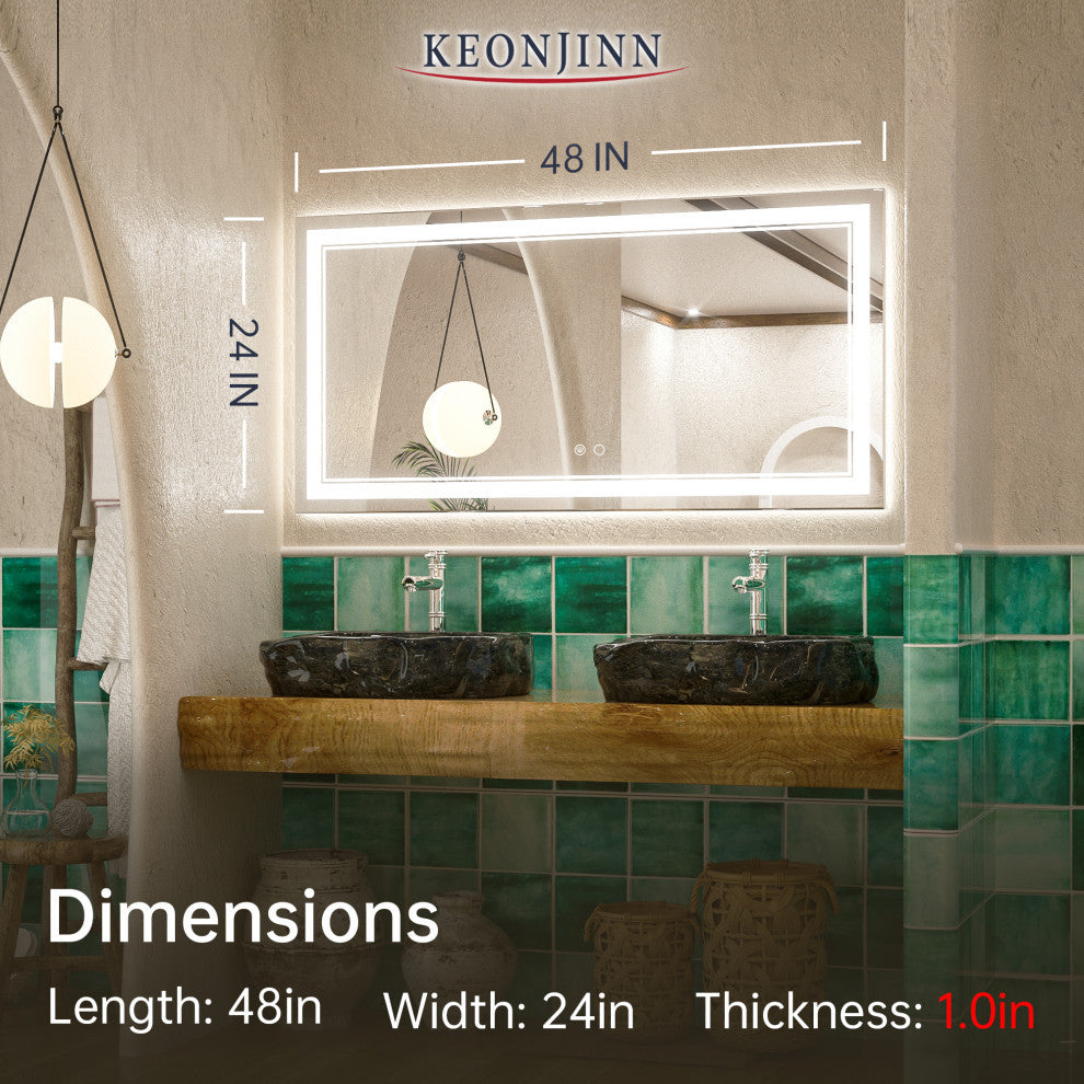 LED Bathroom Mirror, Anti-Fog Memory Dimmable IP54 Waterproof, 48"x24"