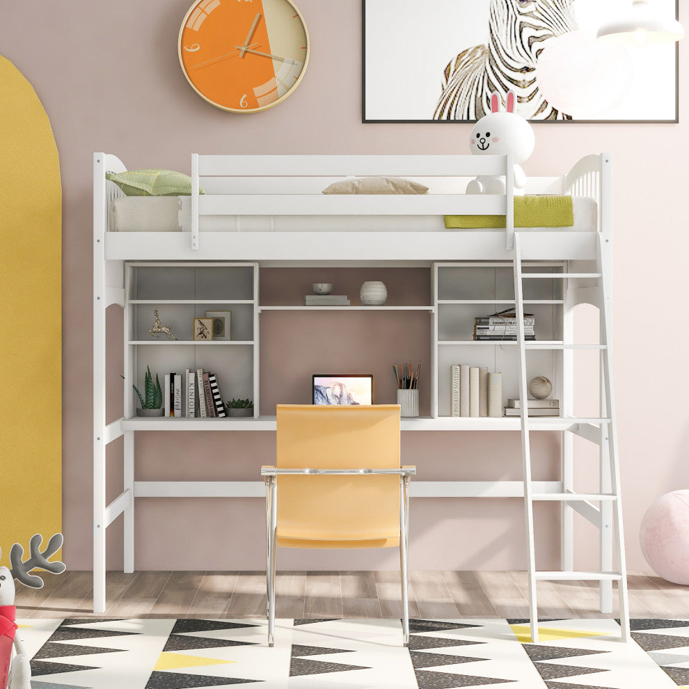 Gewnee Wood Twin Loft Bed with Storage Shelves, Desk and Ladder in White