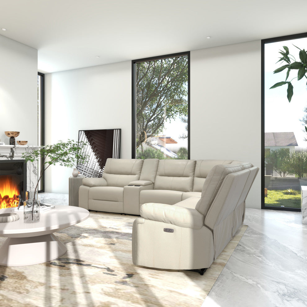 Malibu 130" Top Grain Leather 6-Piece Power Reclining Sectional, Cream Taupe Beige