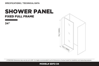 Single Fixed Glass Shower Panel - Clear Tempered Full Frame Shower Glass Door, Black, 34"