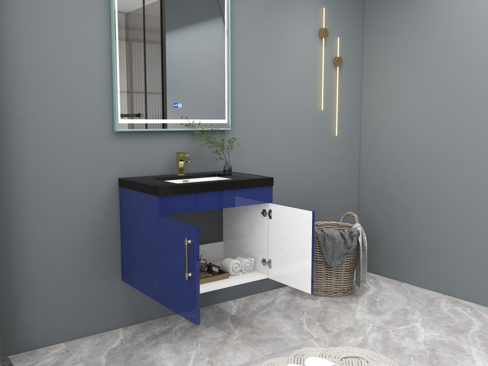 Rosa 30" Wall Mounted Modern Vanity, High Gloss Night Blue, Matt Black Top
