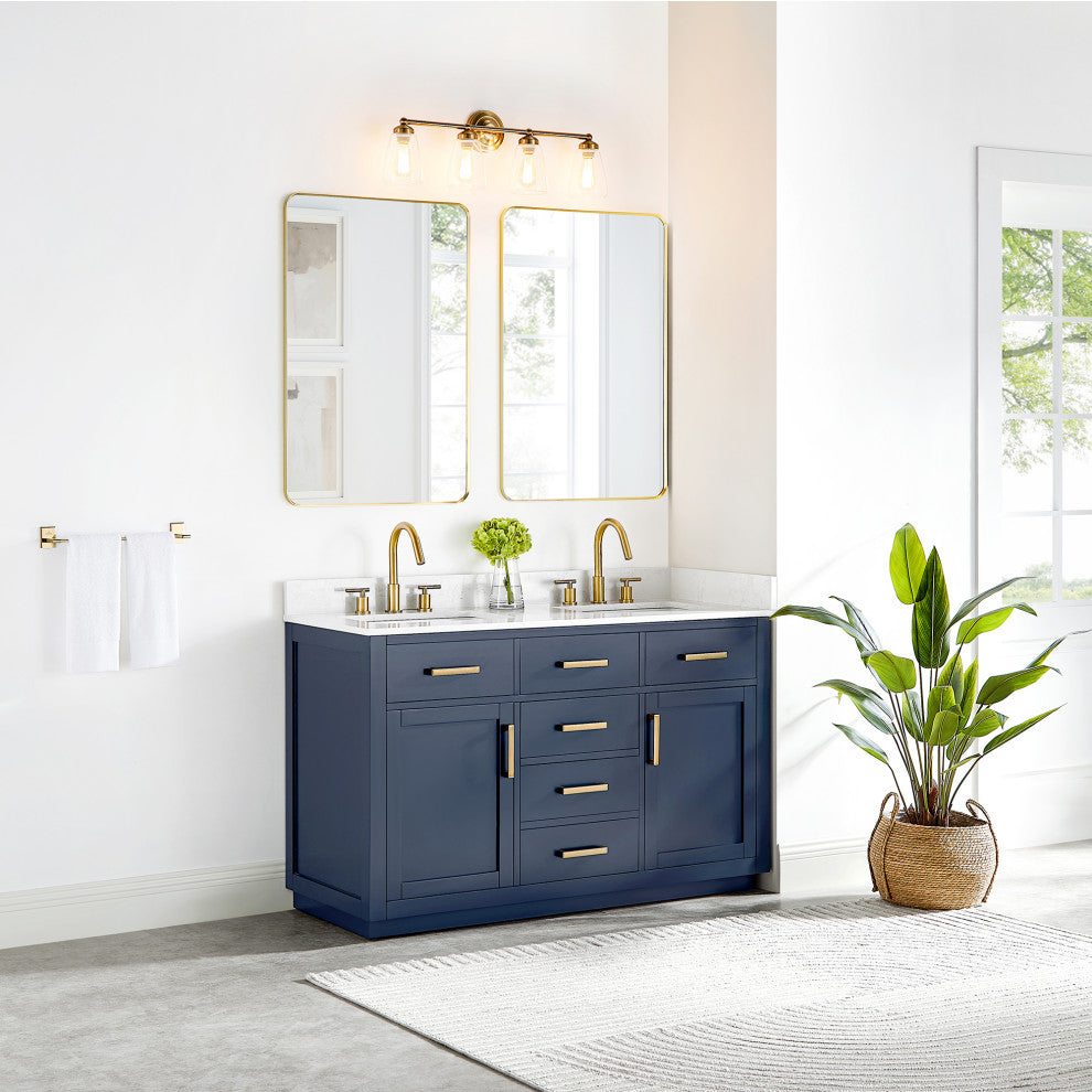 Gavino Vanity with Grain White Composite Stone Top, Royal Blue/Brushed Gold, 54", with Mirror