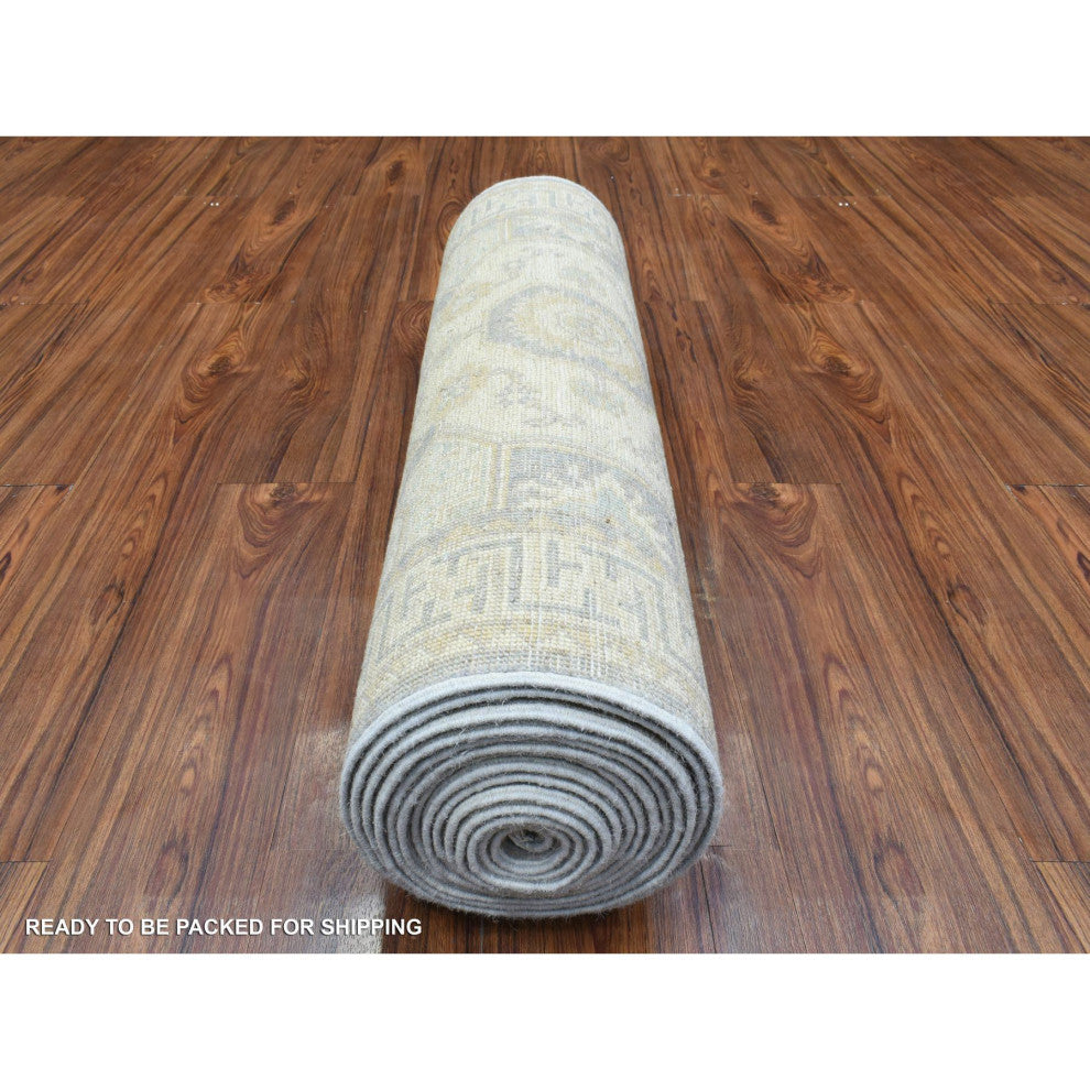 Cream White Wash Peshawar Velvety Wool Hand Knotted XL Runner Rug, 2'9"x18'9"