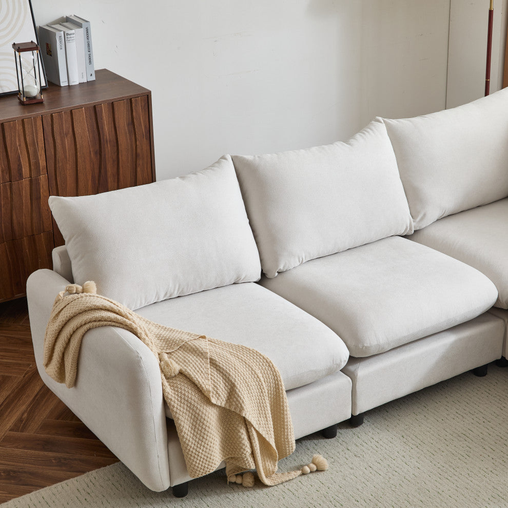 GDF Studio Upholstered Modular Sectional Sofa Set, White Sand, 4 Seater With Ottoman