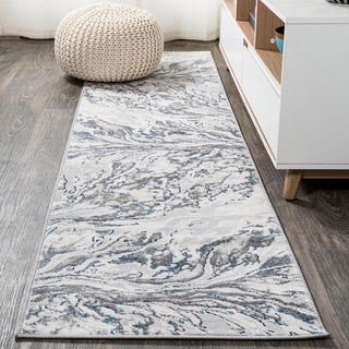 Swirl Marbled Abstract Area Rug, Gray/Blue, 2'x8'