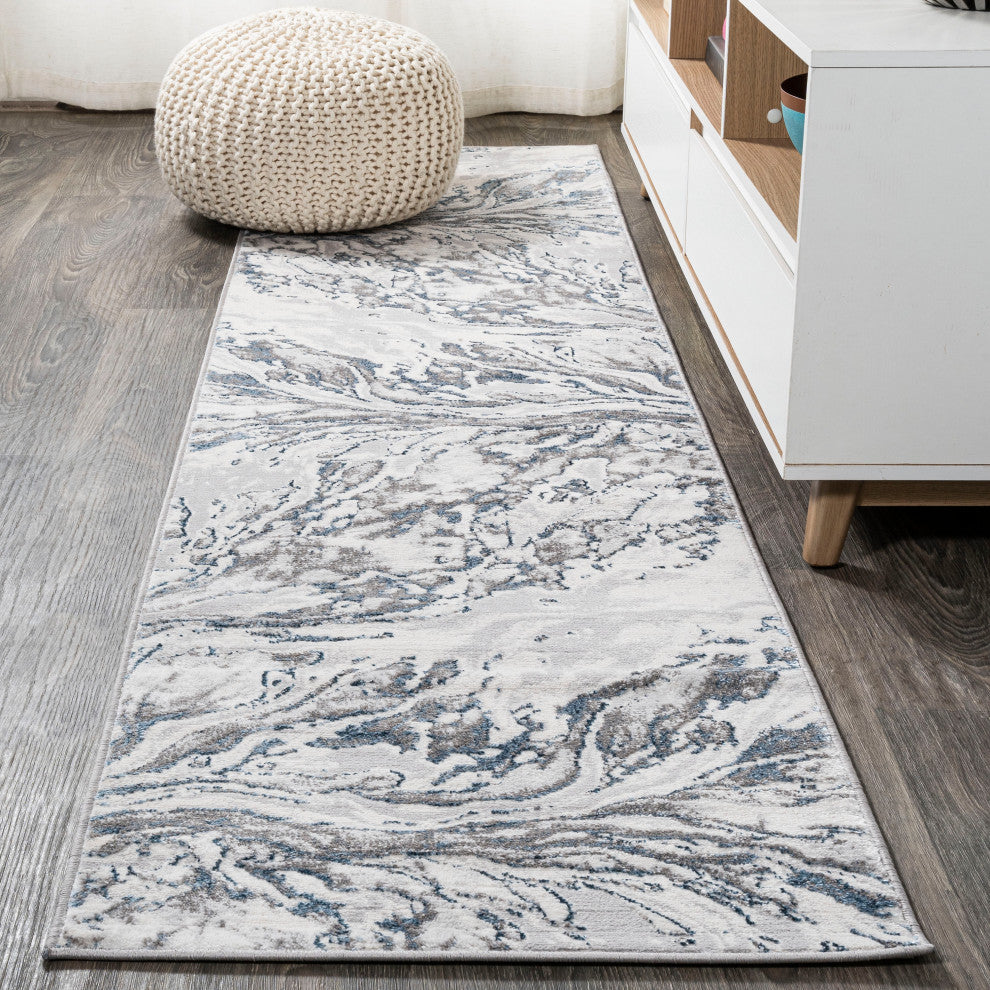 Swirl Marbled Abstract Area Rug, Gray/Blue, 2'x8'