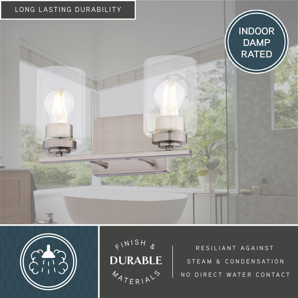 Park Ridge 4.75" 1-Light Black Bathroom Vanity Fixture, Clear Glass Shade, Satin Nickel, 2-Light