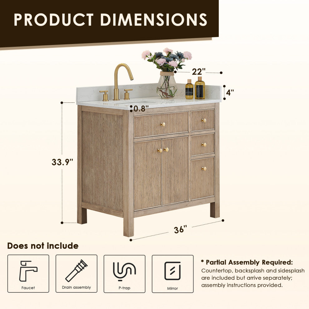 Cerrito Bathroom Vanity, Natural Oak, 36" Single, Without Mirror