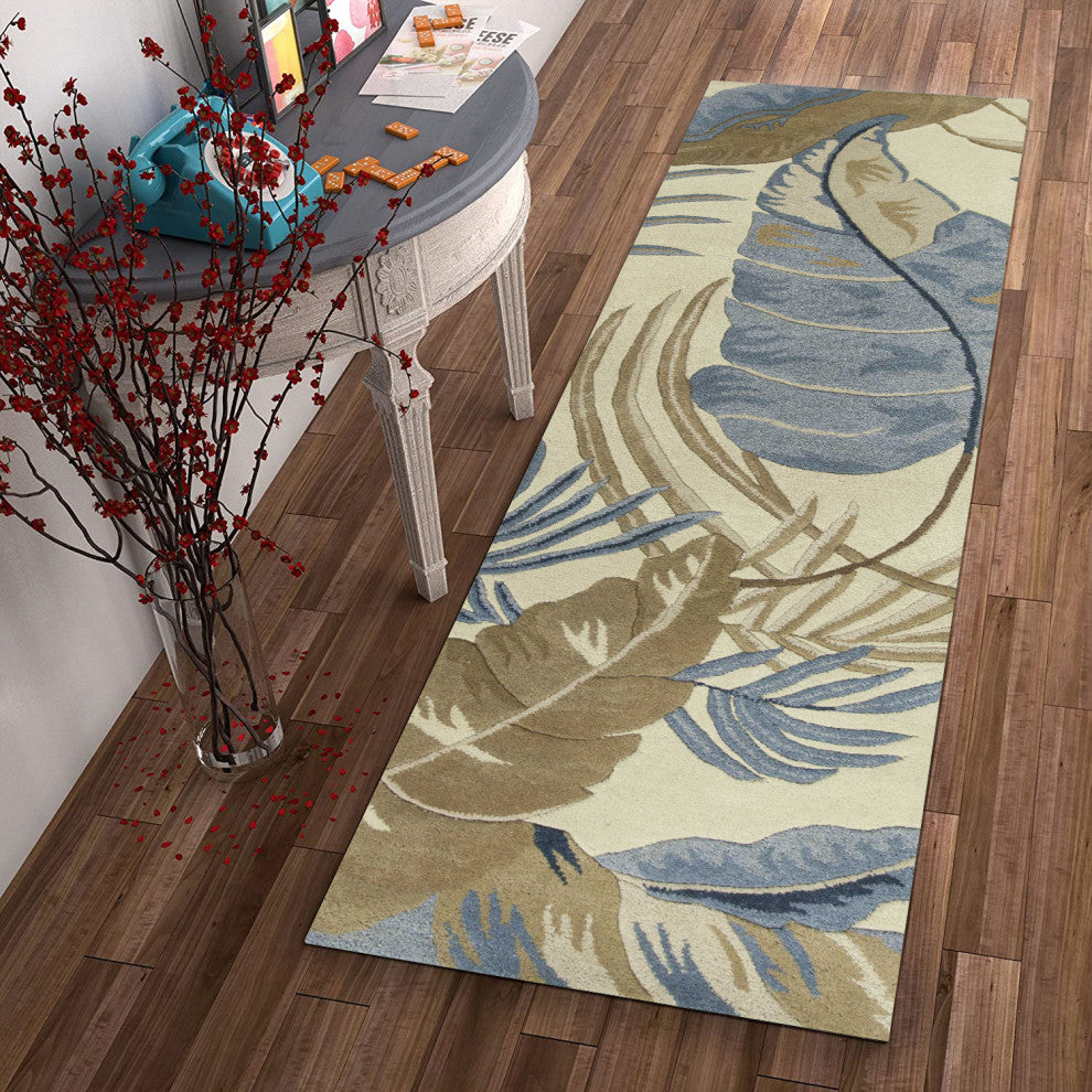 HomeRoots 2' x 8' Ivory or Blue Leaves Wool Runner Rug
