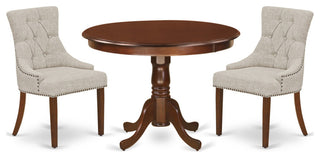 3Pc Dinette Set, Rounded Table, Two Parson Chairs, Doeskin Fabric, Mahogany