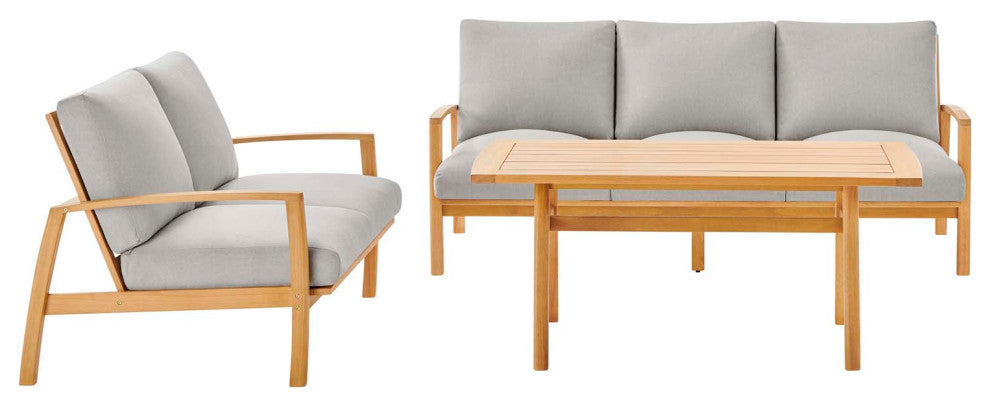 Lounge Chair Chaise Table Set, Wood, Brown Natural Gray, Modern, Outdoor
