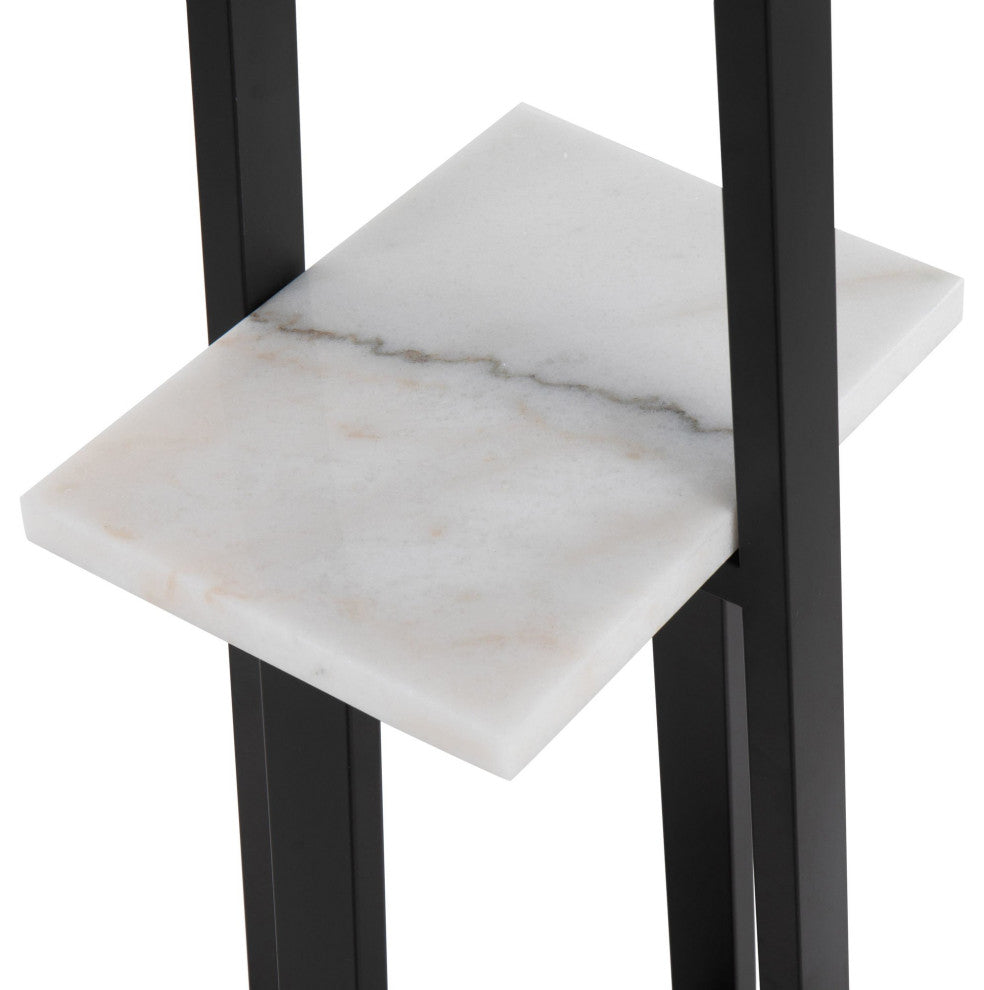 Cosmo Shelf Floor Lamp, White Marble/Black Metal With Black Linen Shade