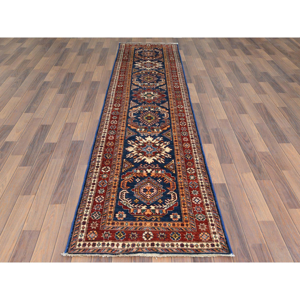 Hand Knotted Navy Blue Afghan Super Kazak Soft Wool Runner Rug, 2'6" x 11'0"