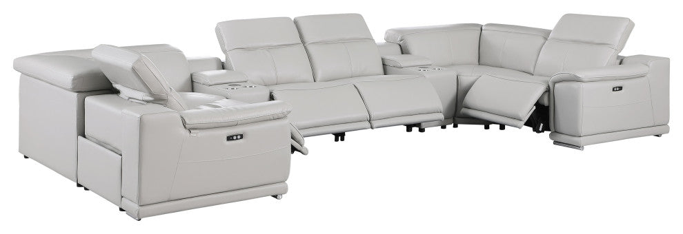 Federico 8-Piece Italian Leather U Sectional, 4 Power Recliners, Light Gray