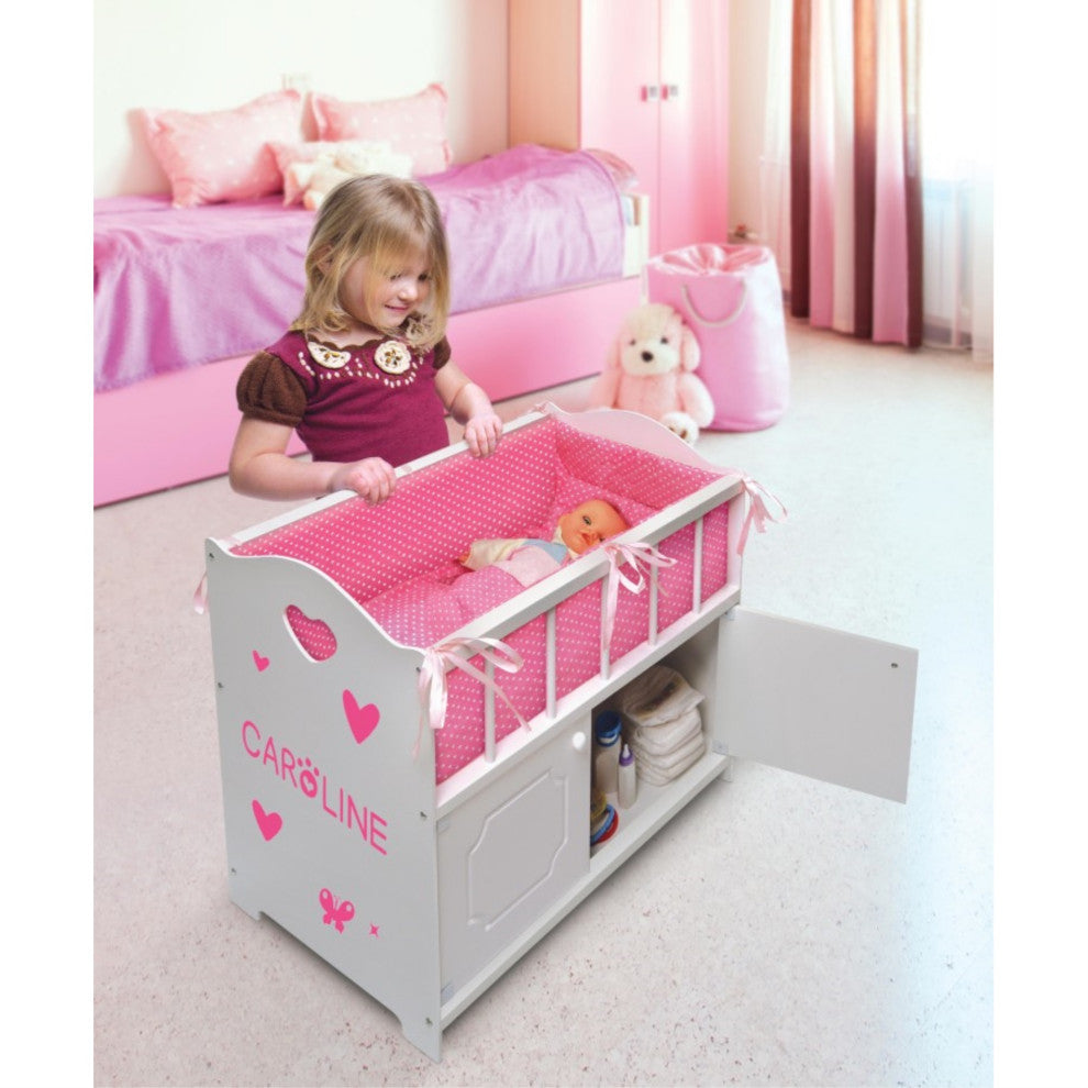White Storage Doll Crib With Bedding