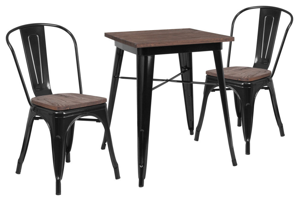 23.5" Square Black Metal Table Set with Wood Top and 2 Stack Chairs