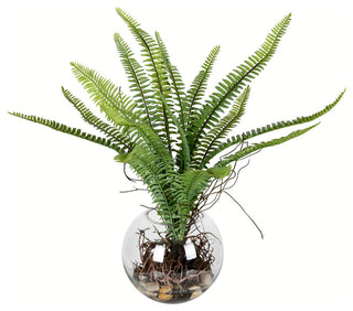 15.5" Green Fern In Glass Pot