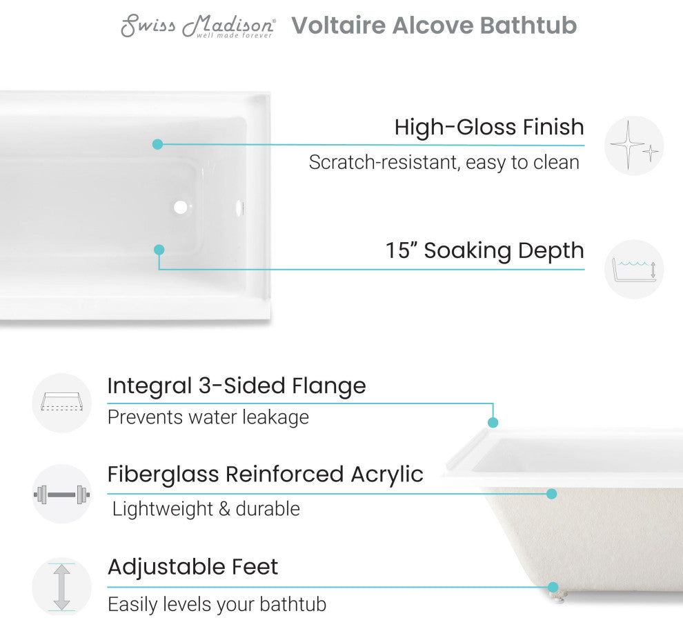 Voltaire Acrylic With Integral Tile Flange, 66"x32", Right Hand Drain