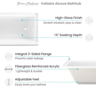 Voltaire Acrylic Bathtub with Integral Tile Flange, 66" x 32", Right Hand Drain