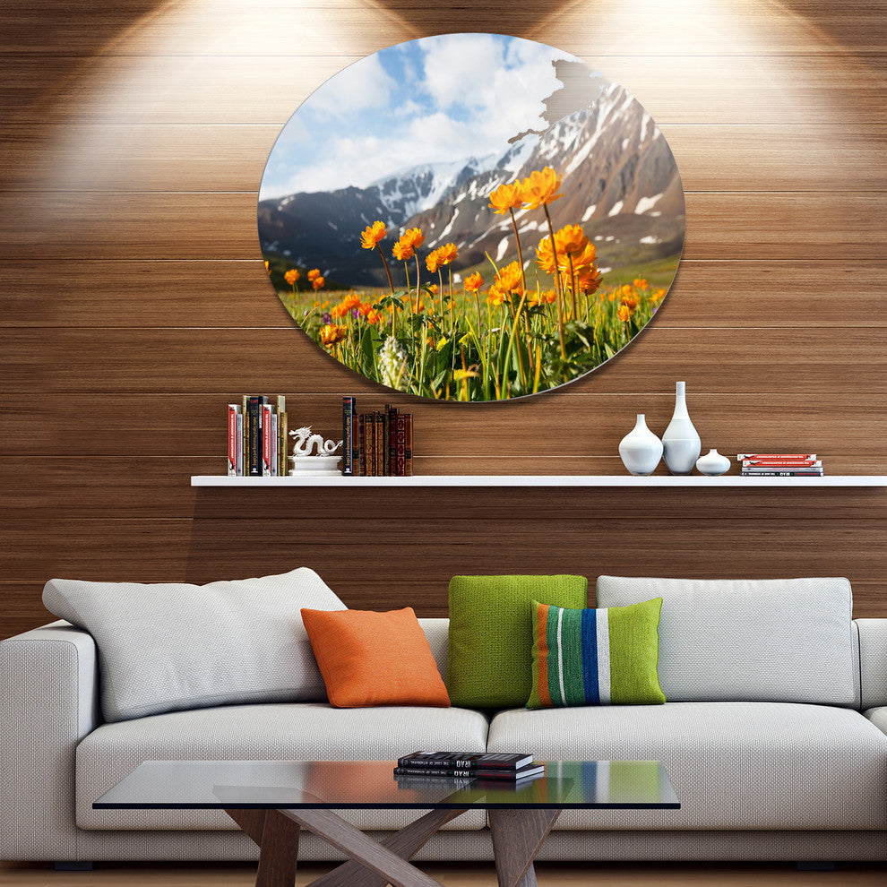 Mountain Meadow With Yellow Flowers, Flower Disc Metal Wall Art, 11"