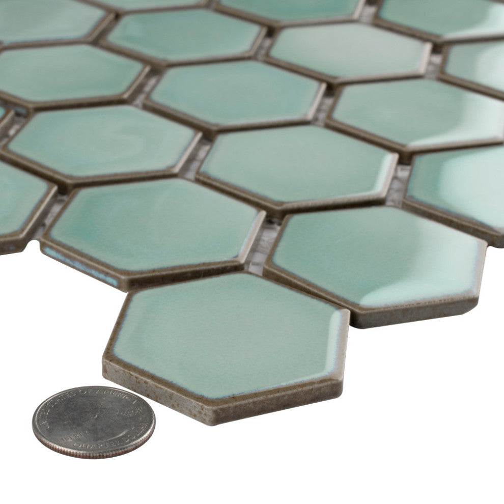 Hudson Due 2" Hex Mint Green Porcelain Floor and Wall Tile