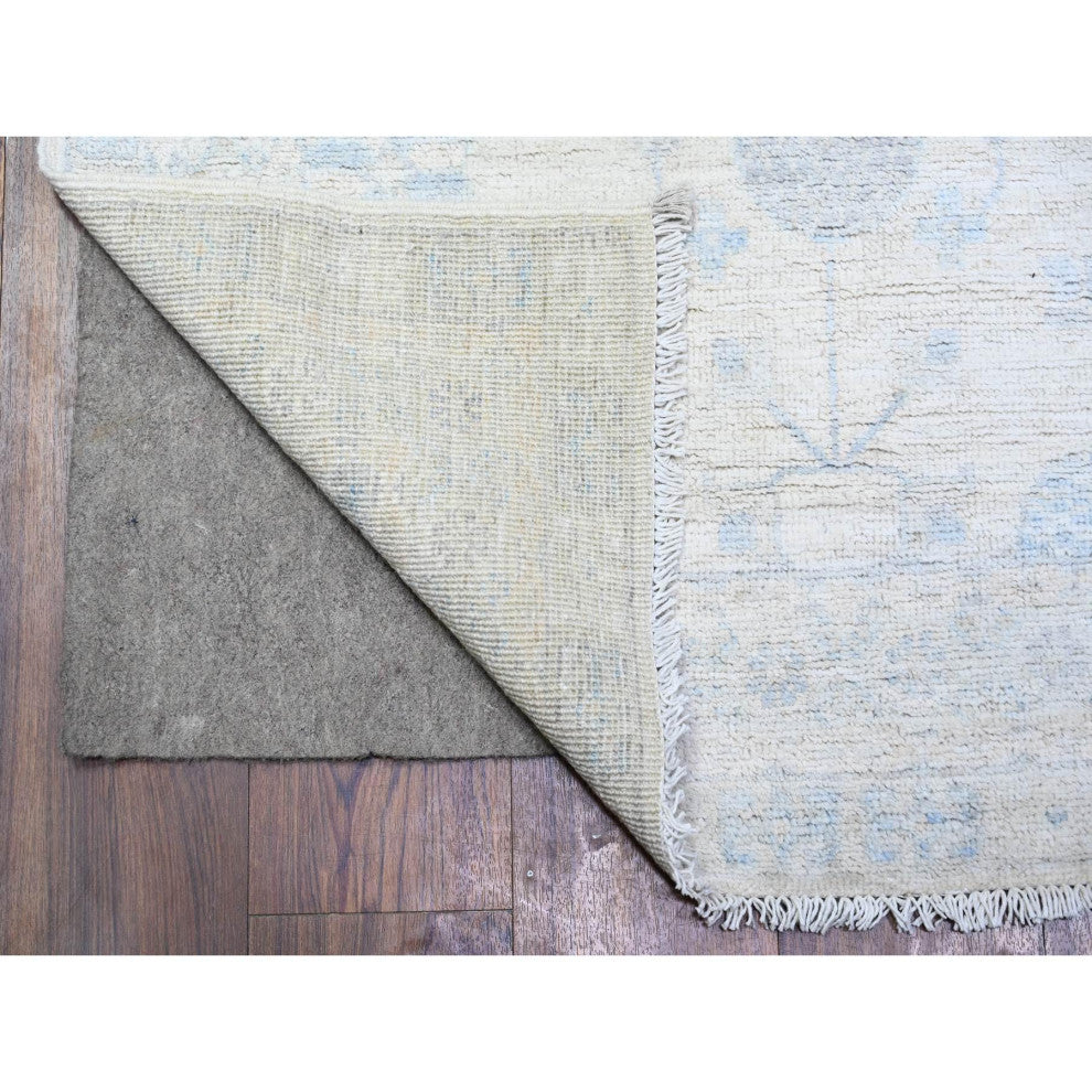 Ivory Washed Out Peshawar Wool Hand Knotted Runner Rug, 3'1"x11'7"