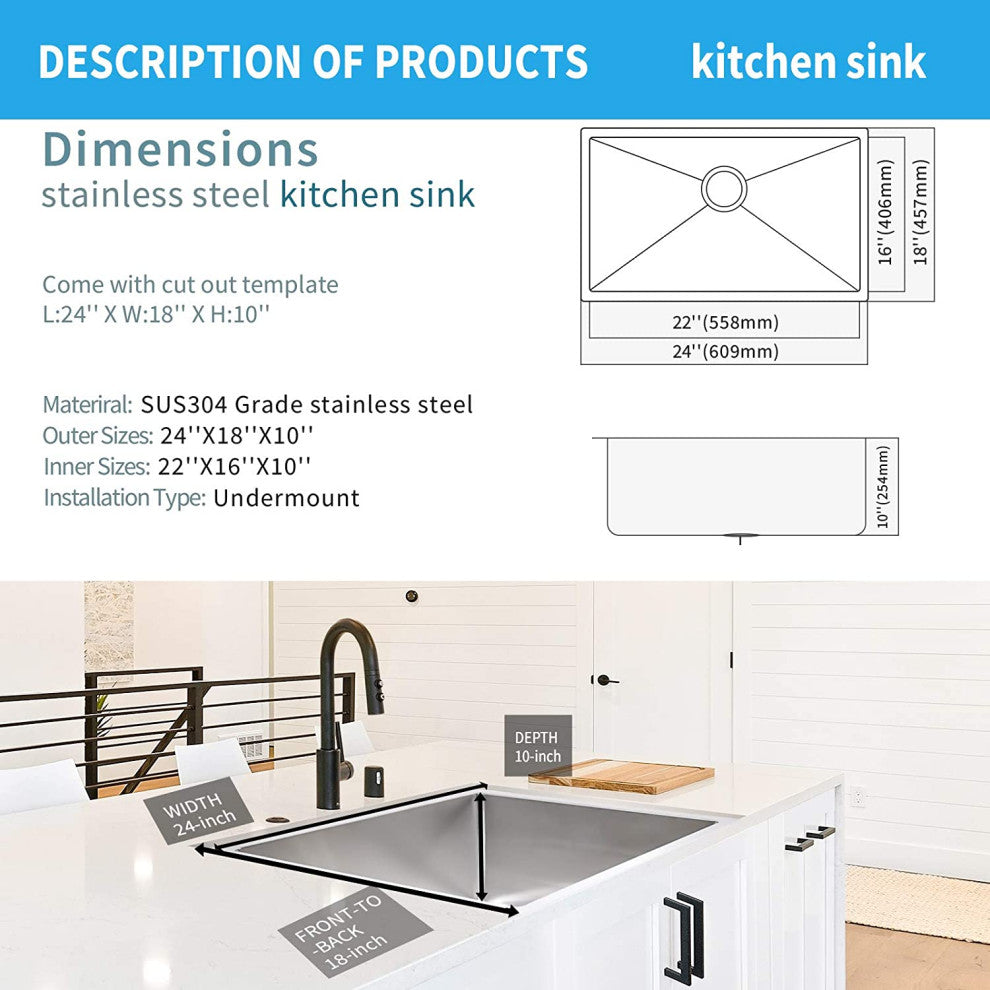 Stainless Steel Undermount Single Bowl Kitchen Sink with Accessories, Silver, 24