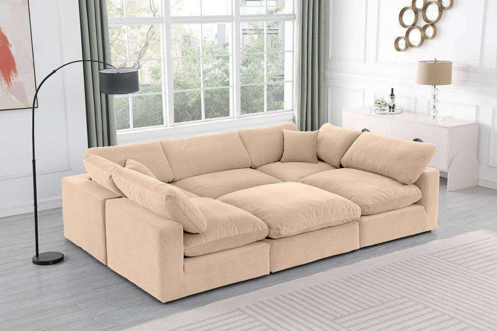 Comfy Upholstered U-Shaped Modular Sectional, Beige, 6-Piece: 3 Armless Chair, 2 Corner Chair, 1 Ottoman, Velvet