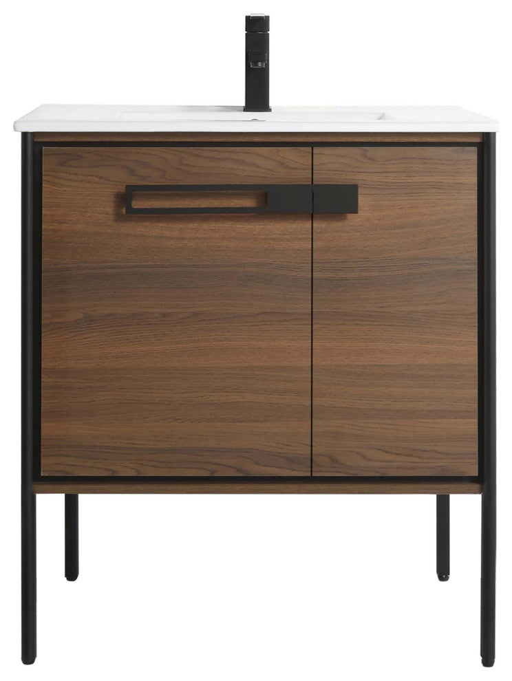 Oakville Bath Vanity, Ceramic Sink, Walnut Ebony, 30 Inch, Black Hardware