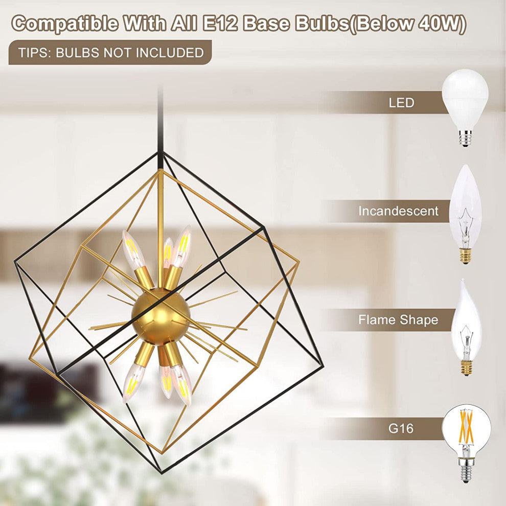 6 Light Modern Sputnik Chandelier Adjustable Black and Gold Cage Pendant Lamp