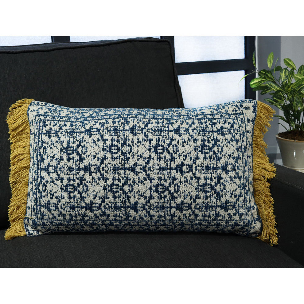 Blue Machine Woven with Tassels Arco Throw Pillow, 16" x 26"