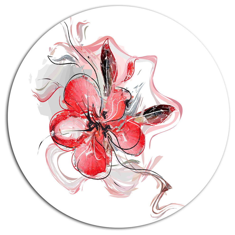 Red Floral Watercolor Sketch, Animal Round Metal Wall Art, 23"