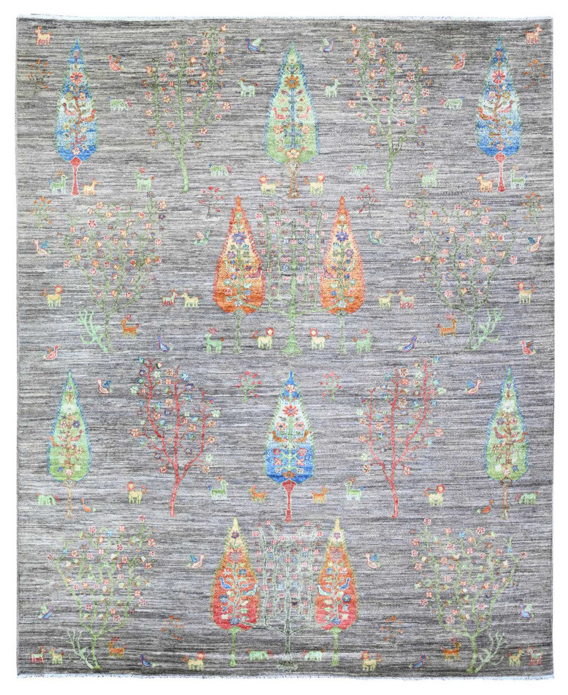 Wolf Gray Folk Art Willow Cypress Tree Design Wool Hand Knotted Rug 7'11"x9'5"