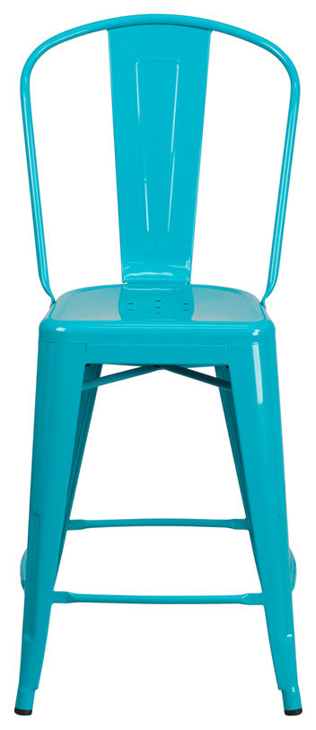 24" High Crystal Teal-Blue Metal Indoor-Outdoor Counter Stool With Back