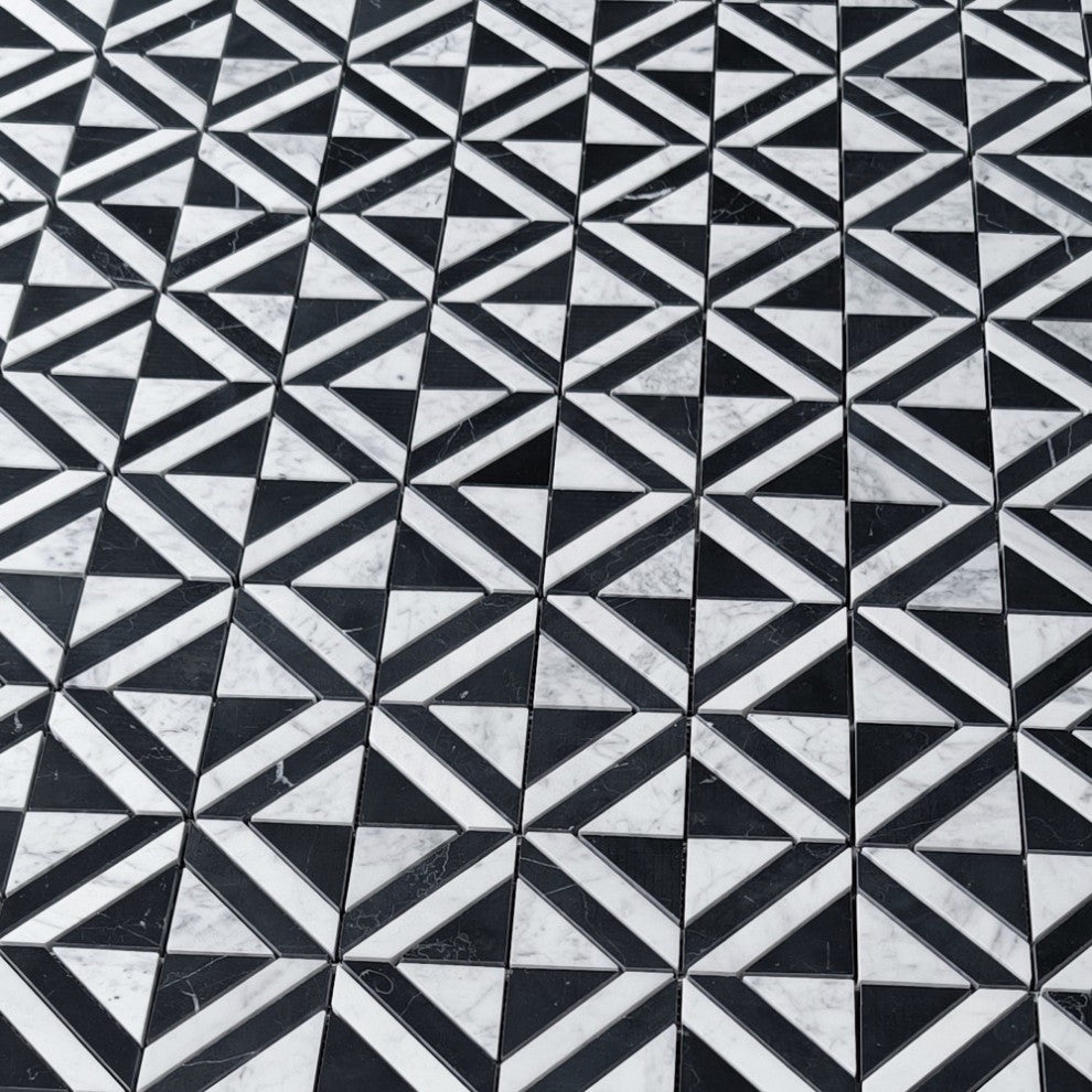Carrara White Marble Striped Square Maze Mosaic Tile Marquina Black, 1 sheet